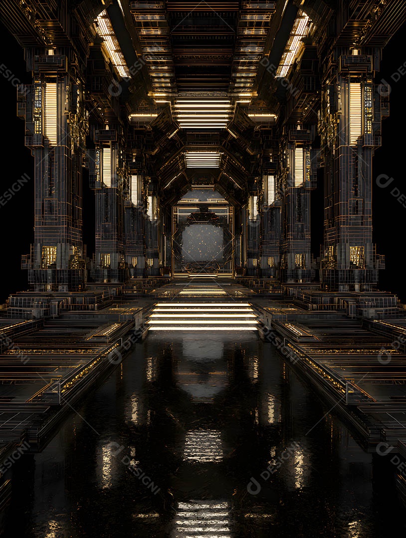 Um palco em uma renderização 3D na cor dourada