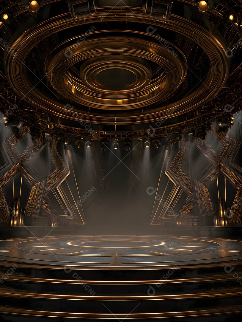 Um palco em uma renderização 3D na cor dourada