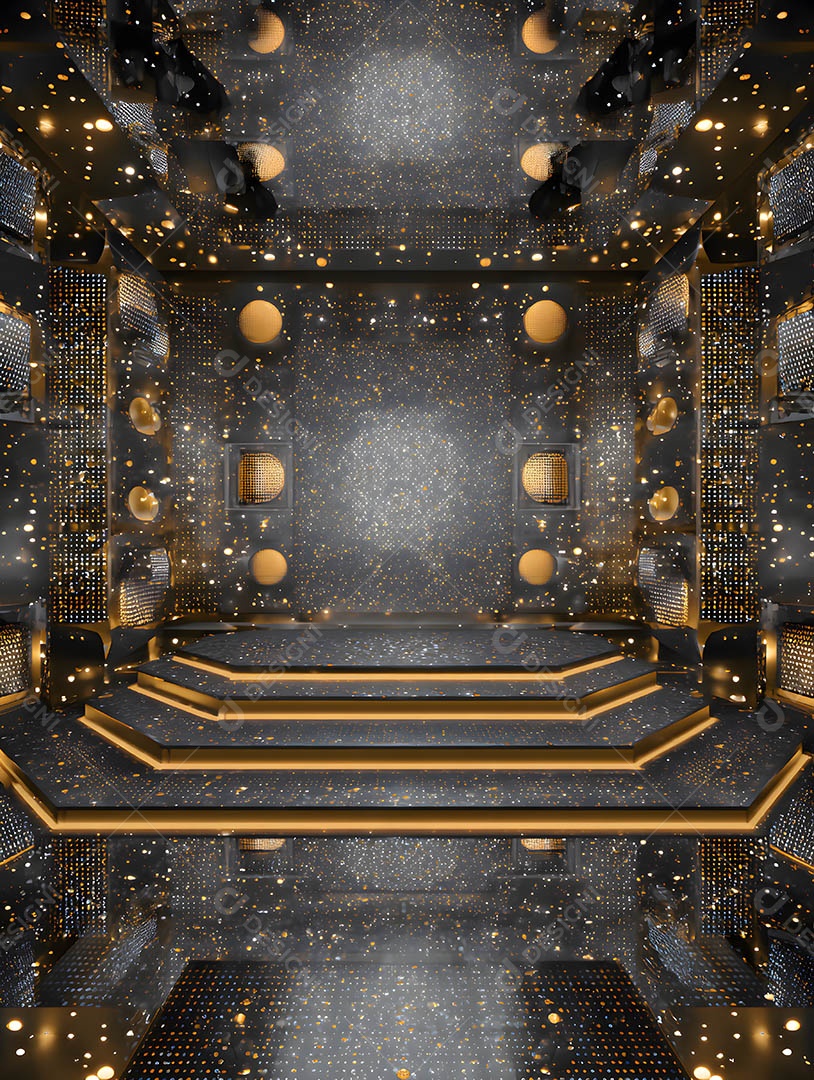 Um palco em uma renderização 3D na cor dourada