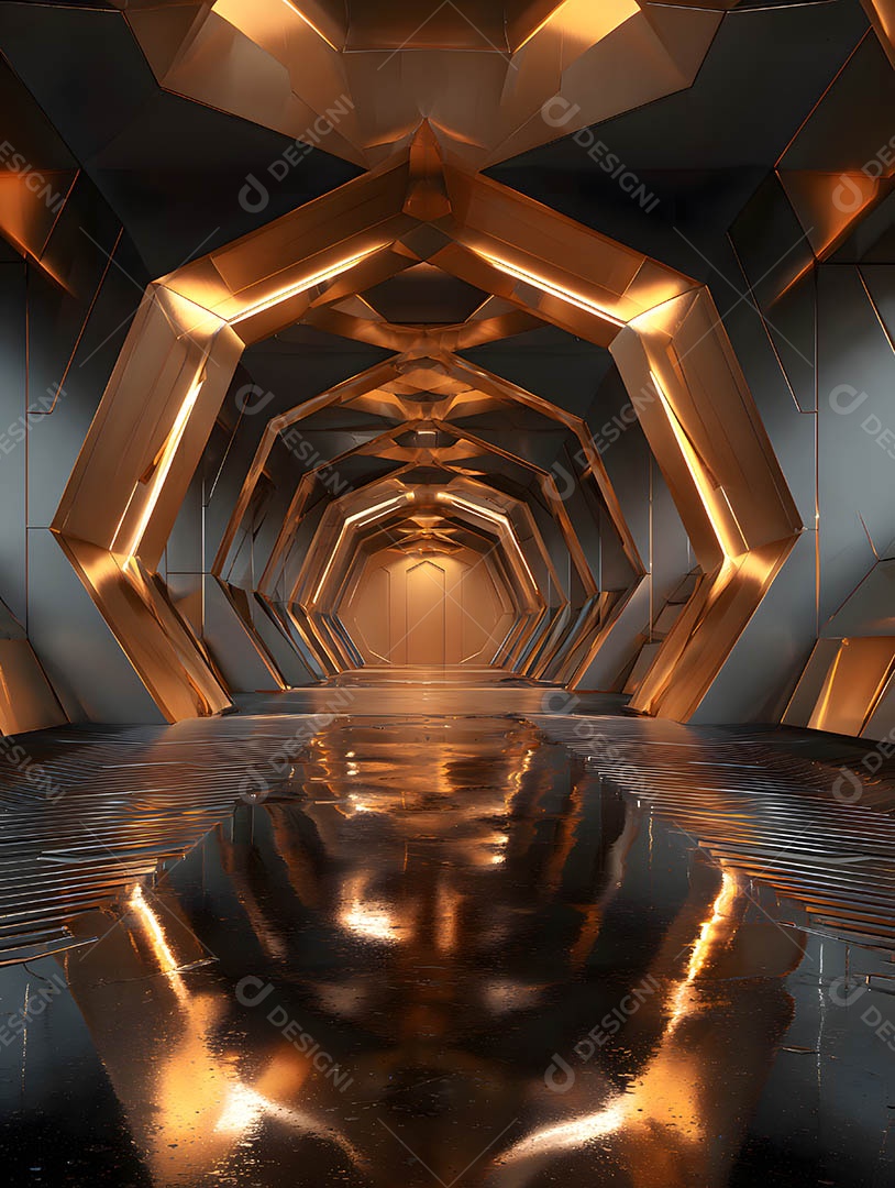 Um palco em uma renderização 3D na cor dourada