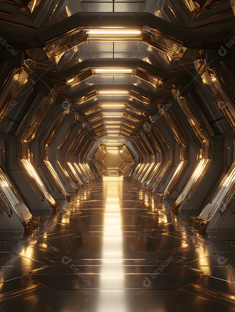 Um corredor futurista em uma renderização 3D na cor dourada