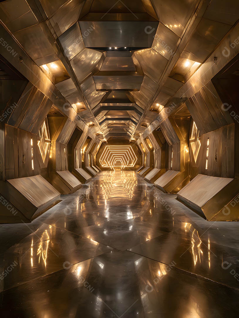 Um corredor futurista em uma renderização 3D na cor dourada