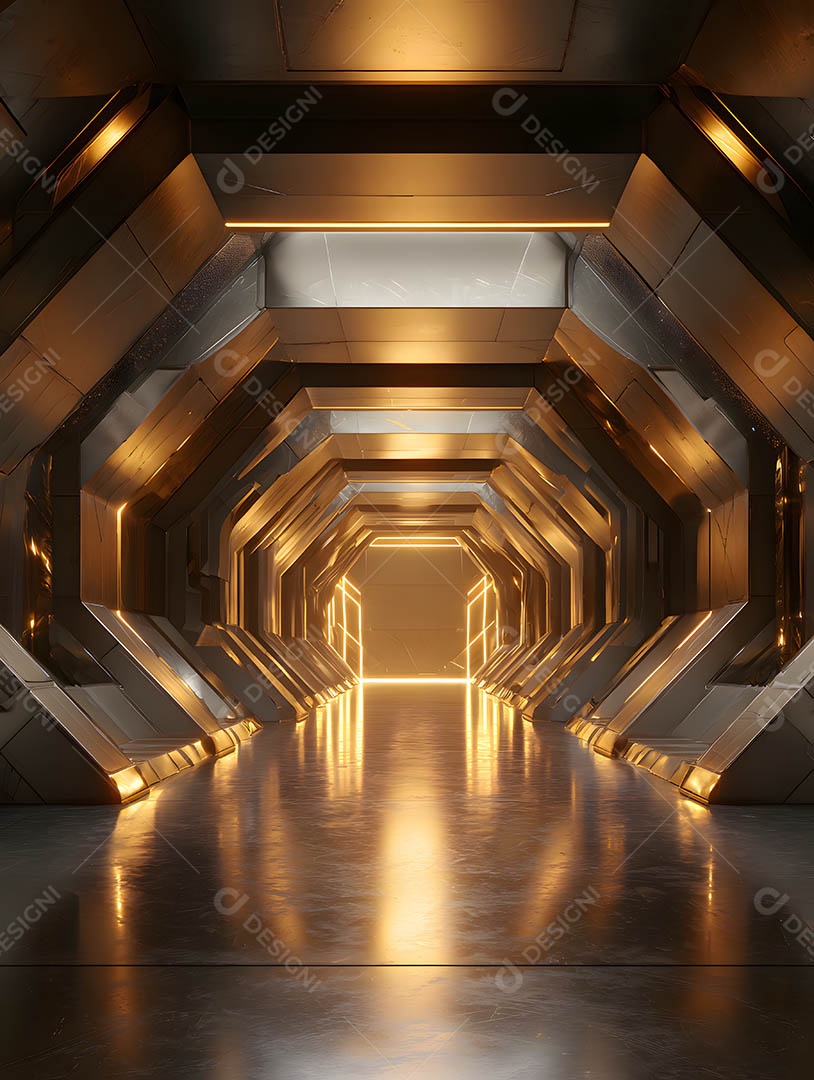 Um corredor futurista em uma renderização 3D na cor dourada