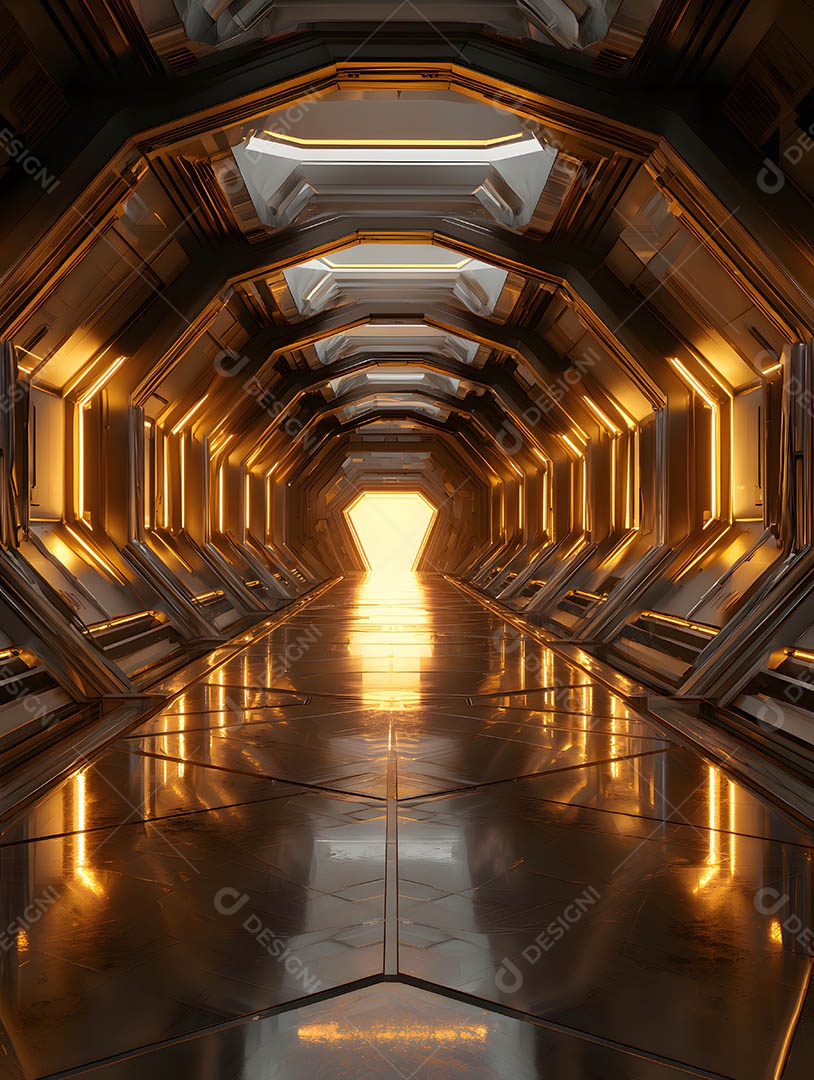 Um corredor futurista em uma renderização 3D na cor dourada