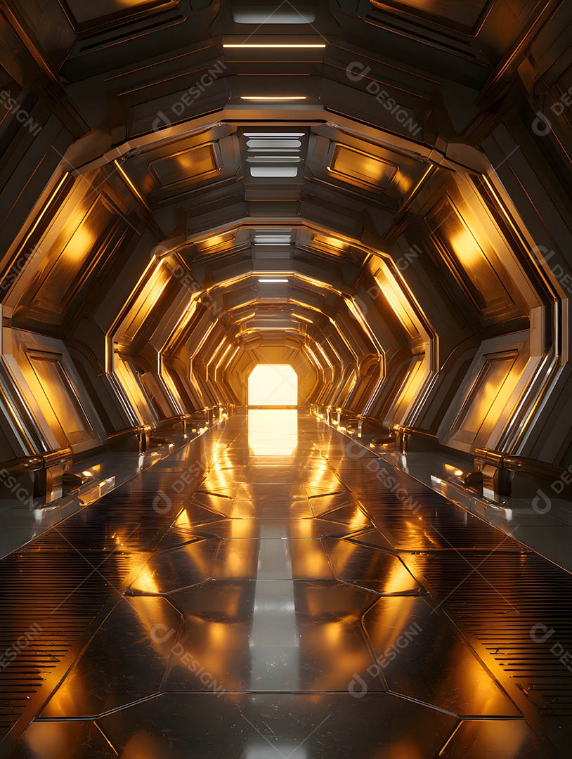 Um corredor futurista em uma renderização 3D na cor dourada