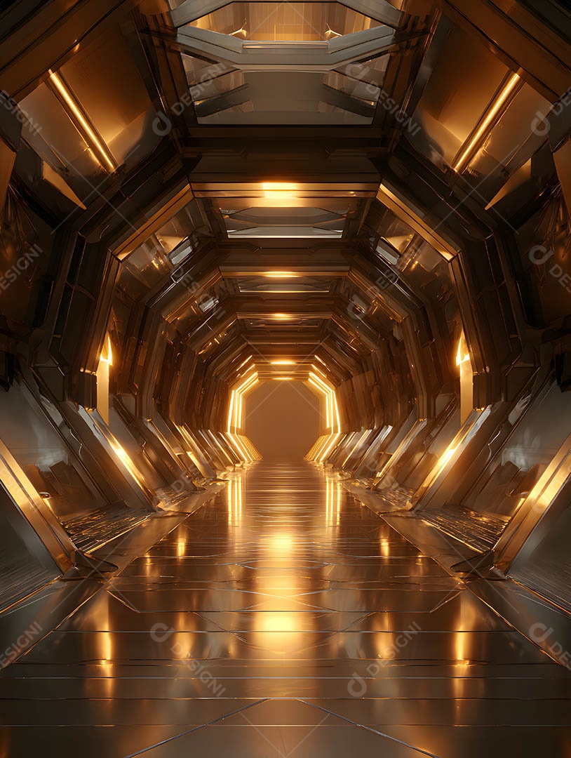 Um corredor futurista em uma renderização 3D na cor dourada