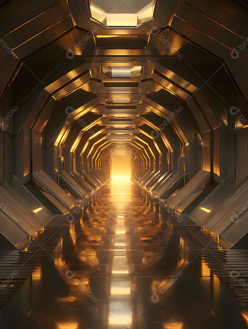 Um corredor futurista em uma renderização 3D na cor dourada