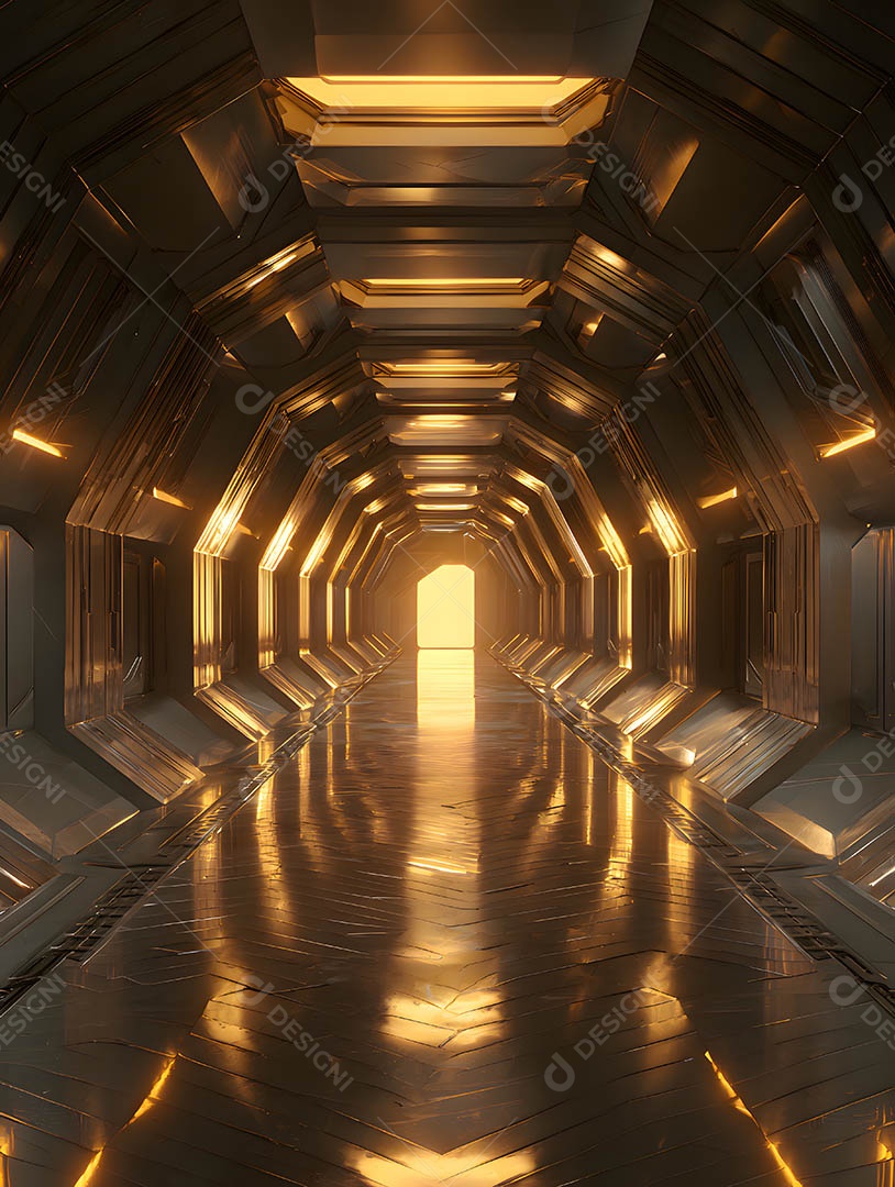 Um corredor futurista em uma renderização 3D na cor dourada