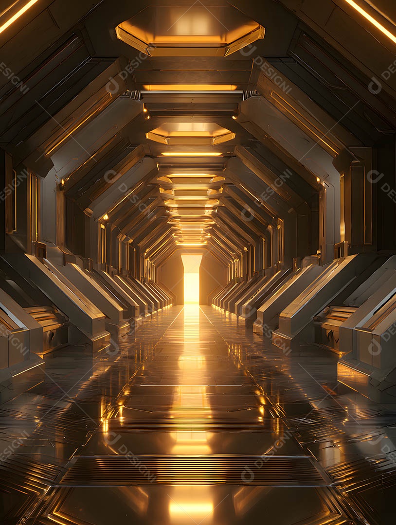 Um corredor futurista em uma renderização 3D na cor dourada