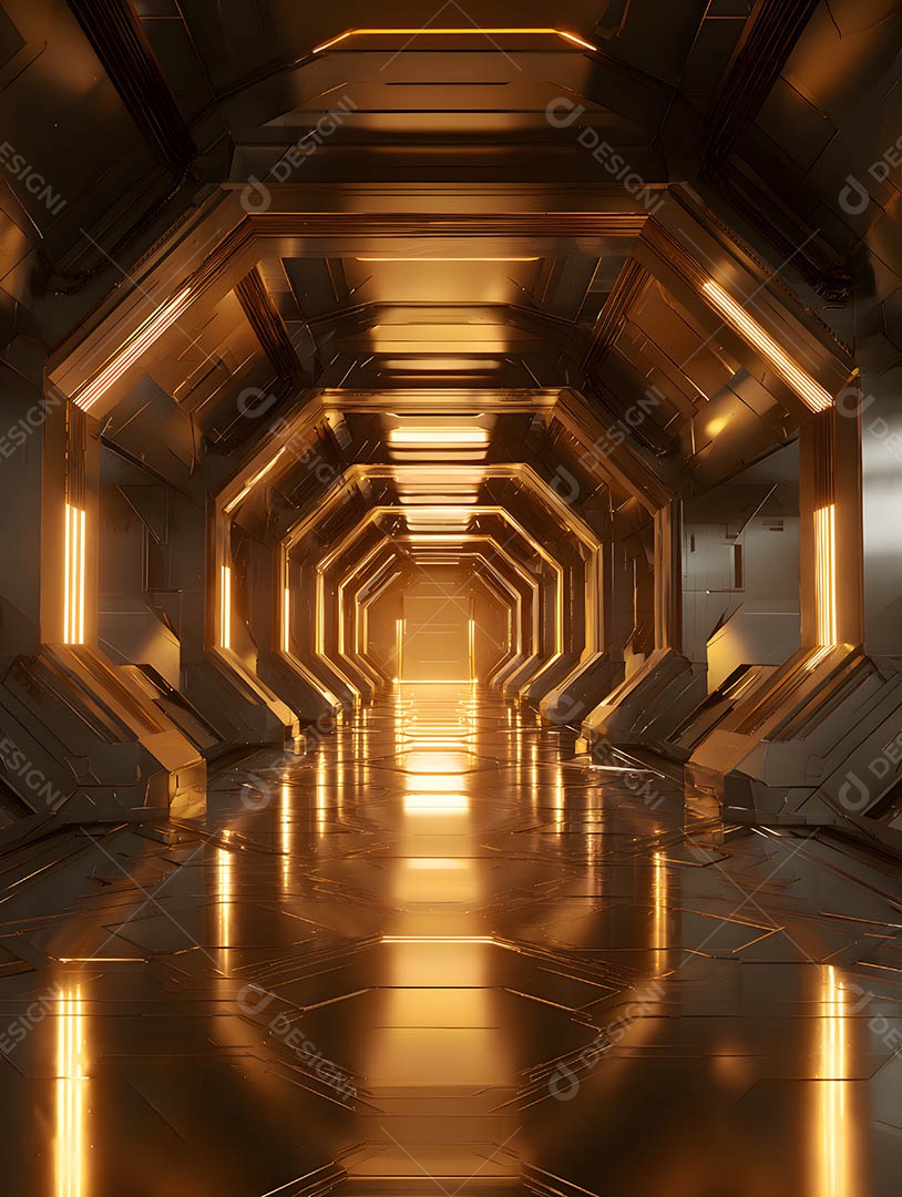 Um corredor futurista em uma renderização 3D na cor dourada