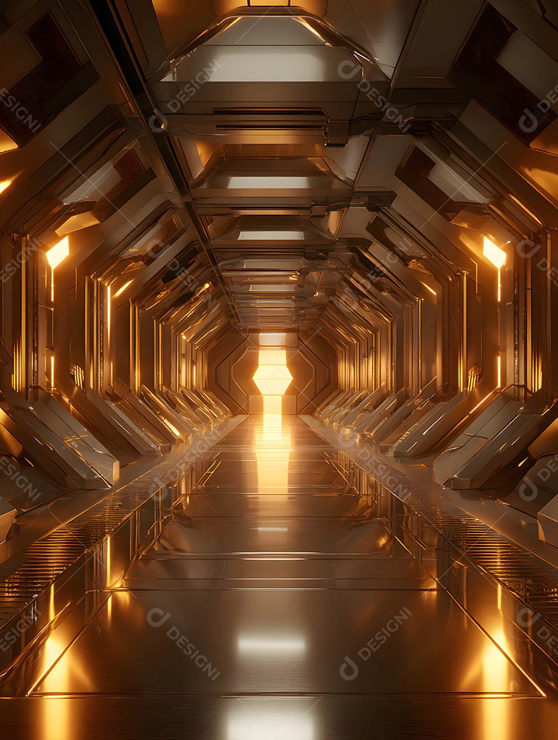 Um corredor futurista em uma renderização 3D na cor dourada