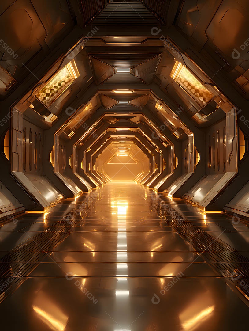 Um corredor futurista em uma renderização 3D na cor dourada