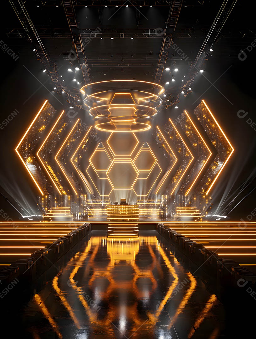 Um palco em uma renderização 3D na cor dourada