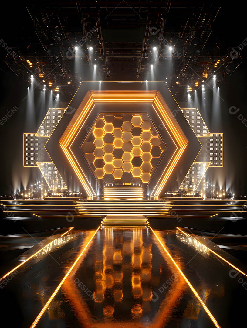 Um palco em uma renderização 3D na cor dourada