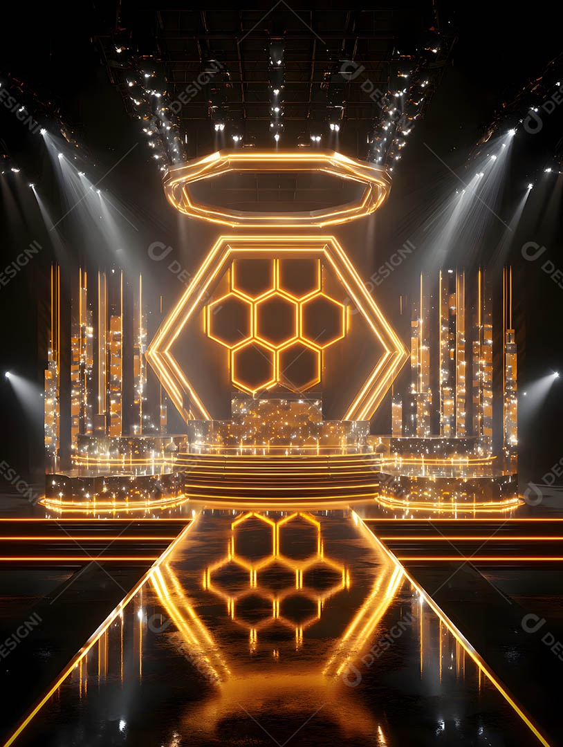 Um palco em uma renderização 3D na cor dourada