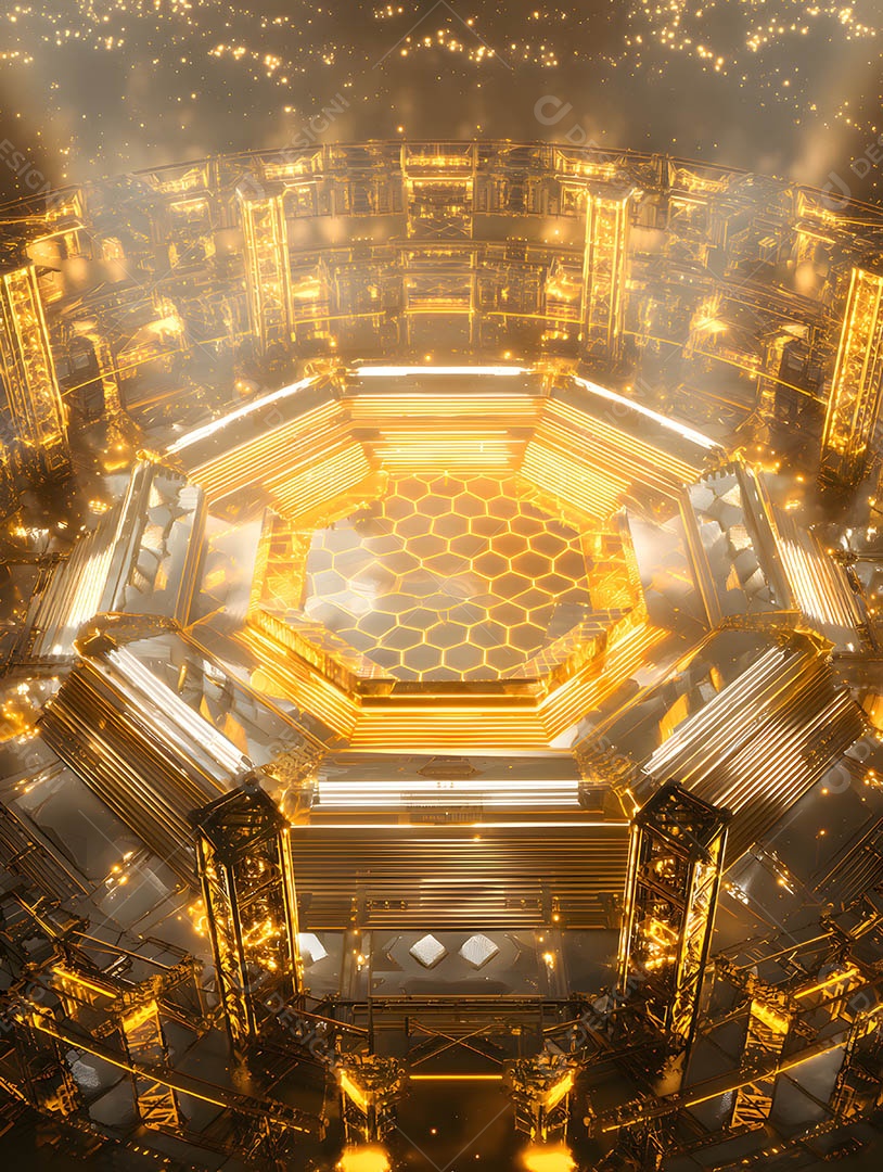 Um palco em uma renderização 3D na cor dourada