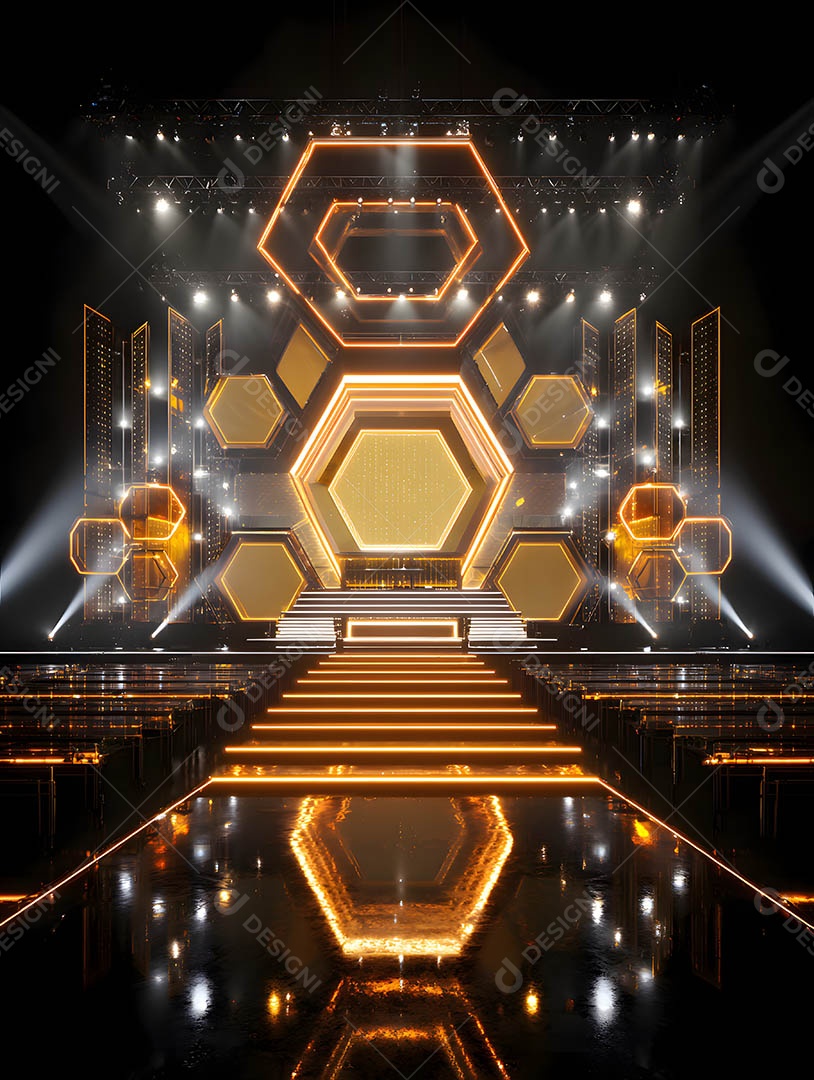 Um palco em uma renderização 3D na cor dourada