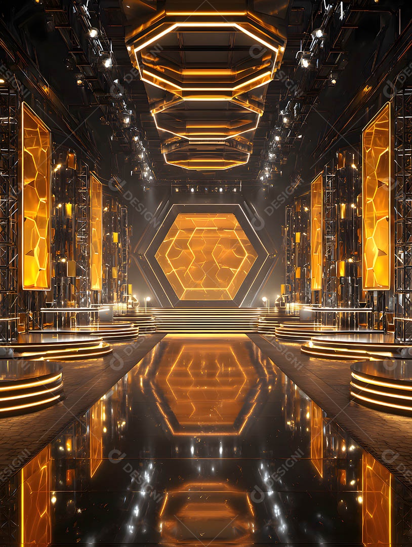 Um palco em uma renderização 3D na cor dourada