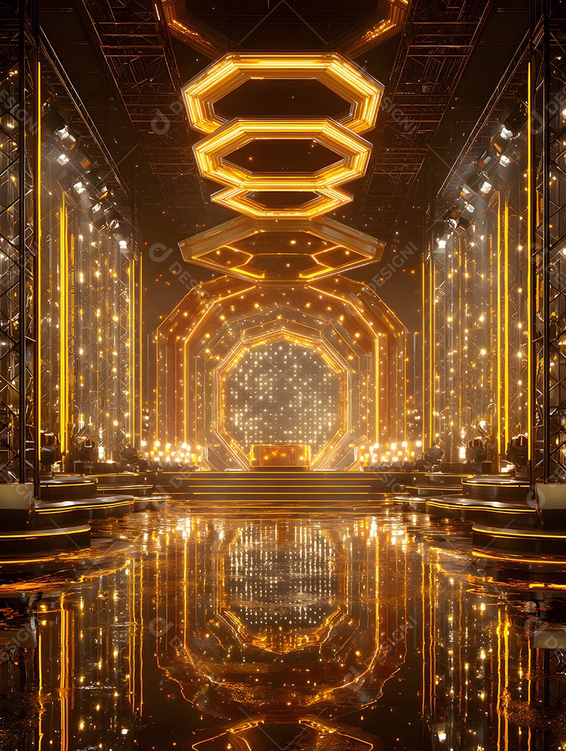 Um palco em uma renderização 3D na cor dourada