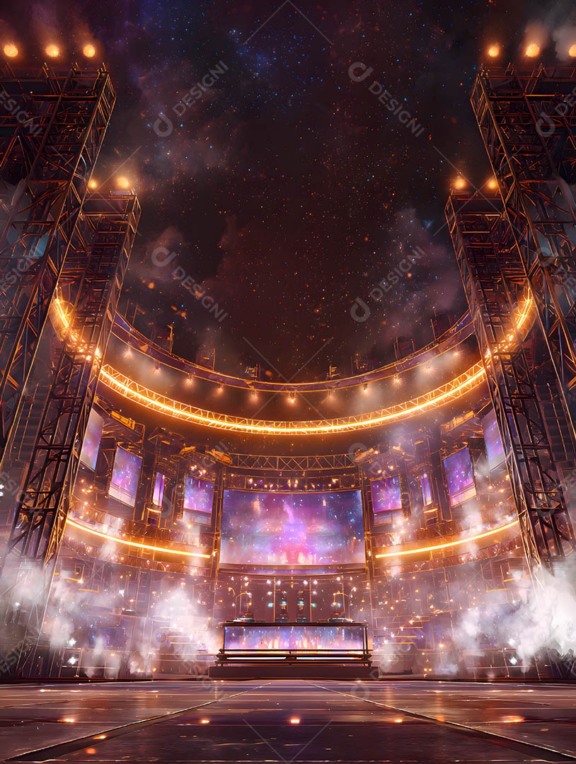 Um palco em uma renderização 3D na cor dourada