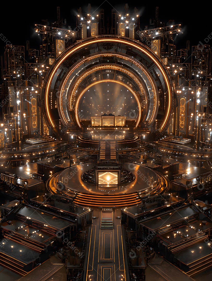 Um palco em uma renderização 3D na cor dourada