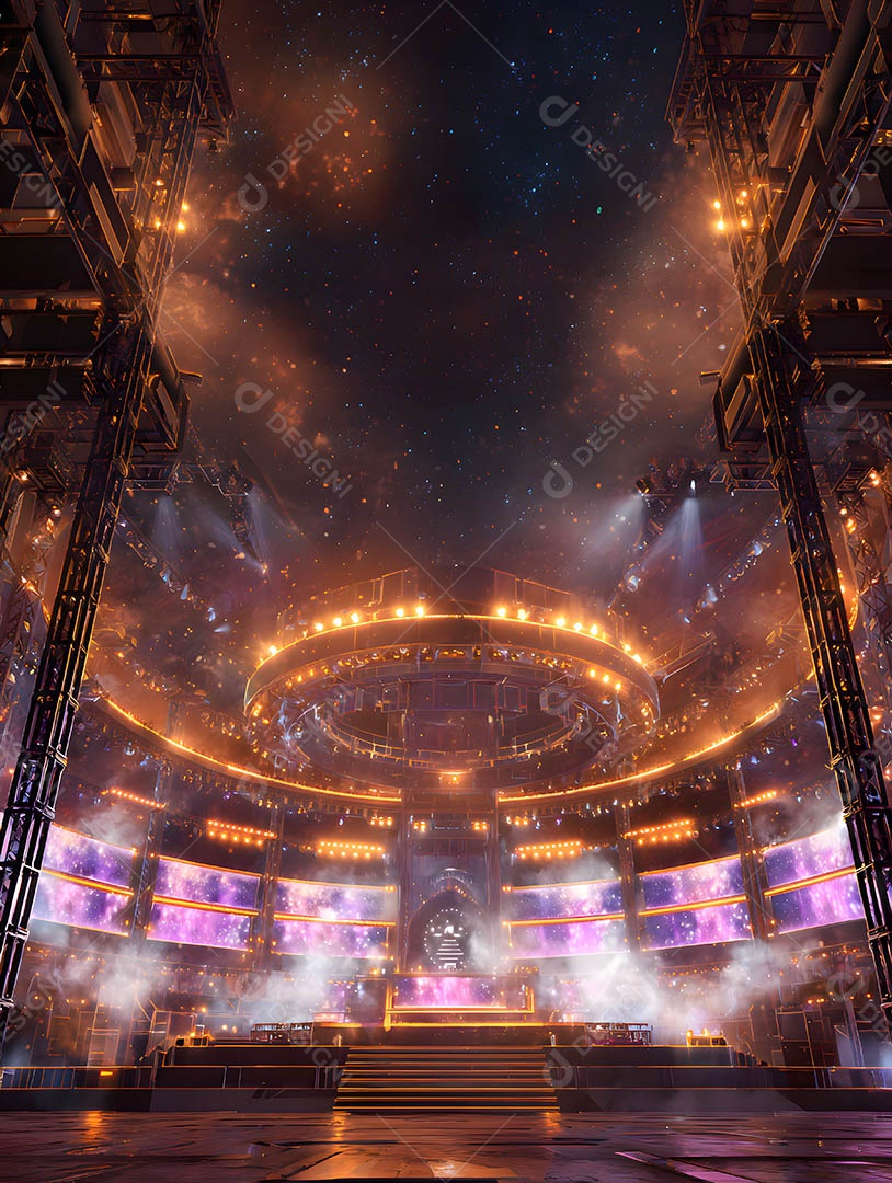 Um palco em uma renderização 3D na cor dourada