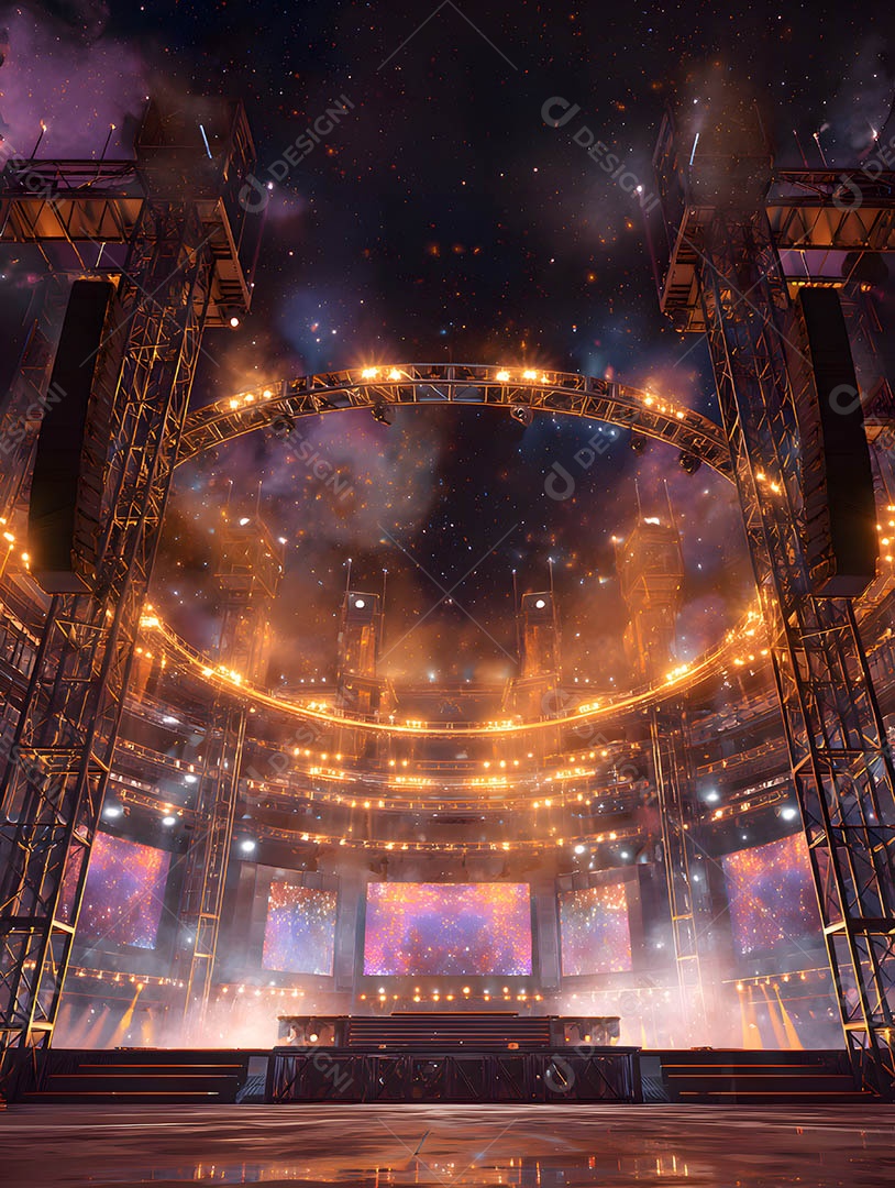 Um palco em uma renderização 3D na cor dourada