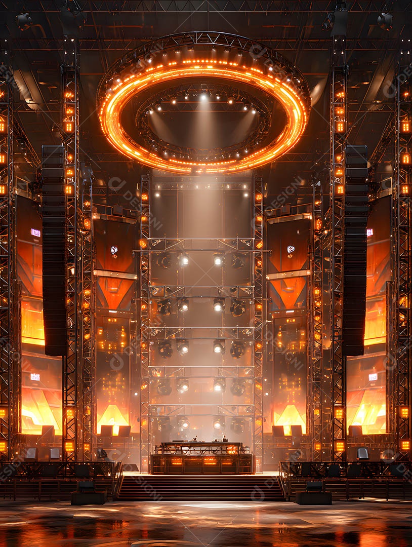 Um palco em uma renderização 3D na cor dourada