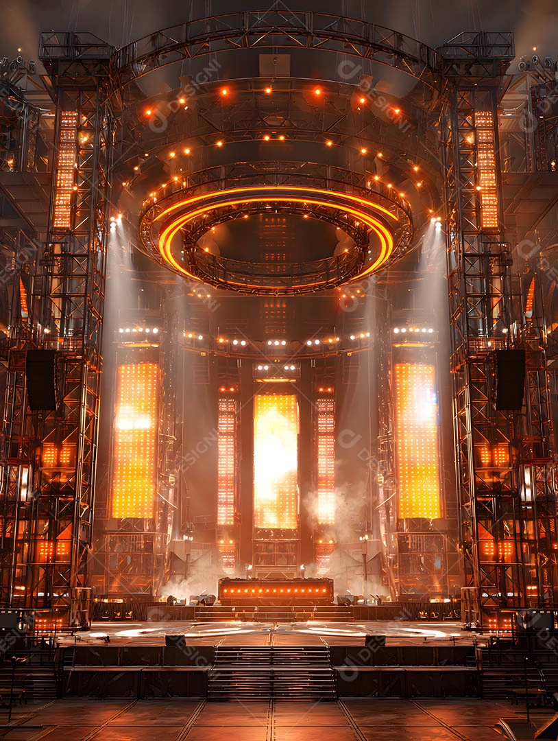 Um palco em uma renderização 3D na cor dourada