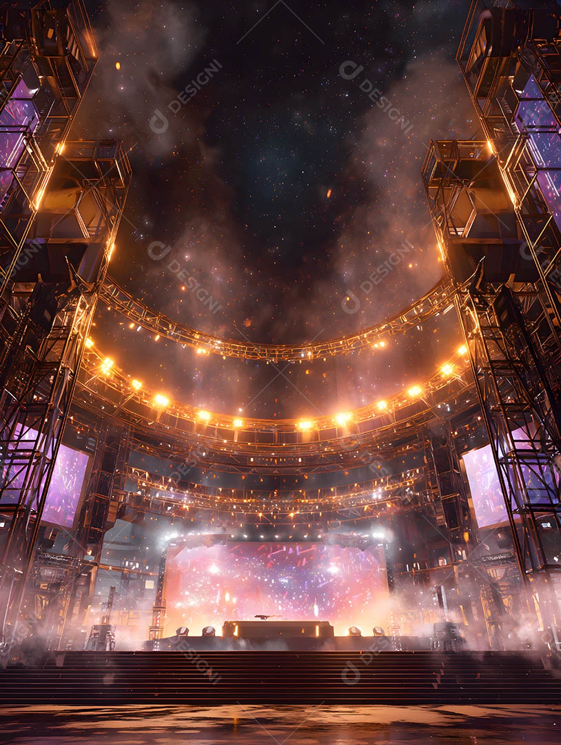 Um palco em uma renderização 3D na cor dourada