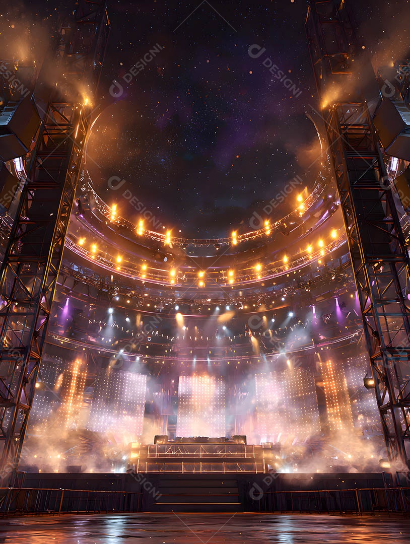 Um palco em uma renderização 3D na cor dourada