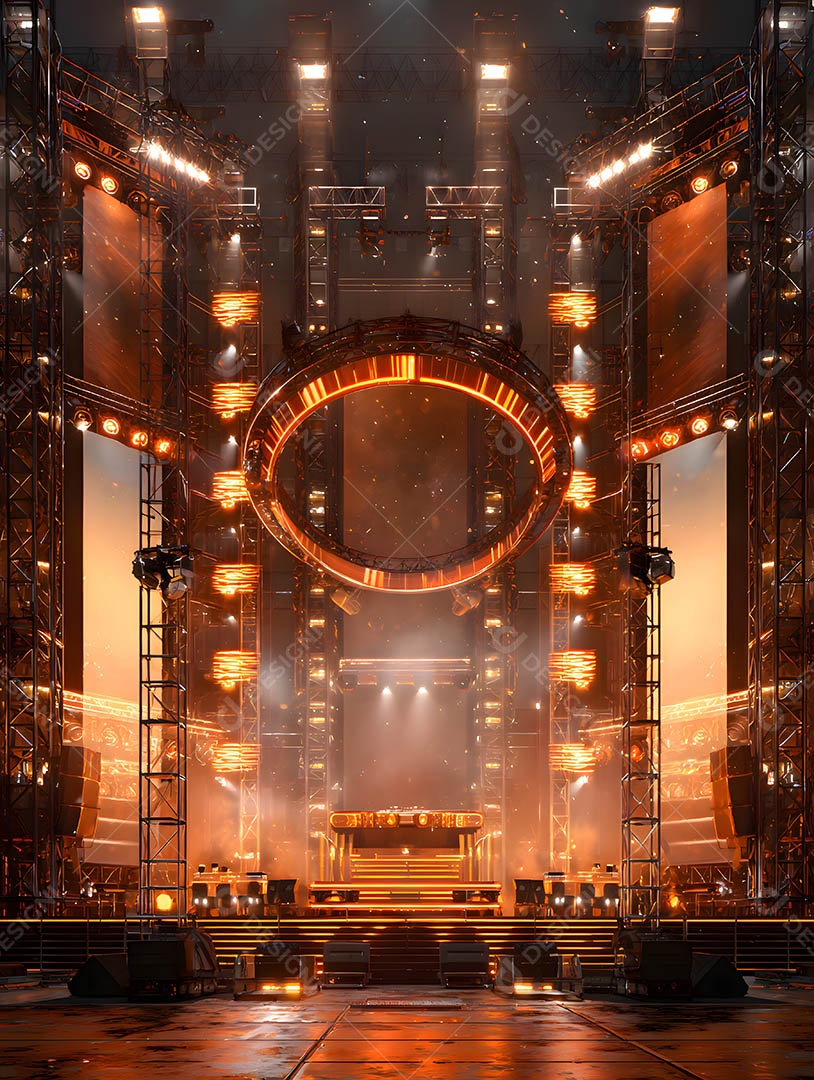 Um palco em uma renderização 3D na cor dourada