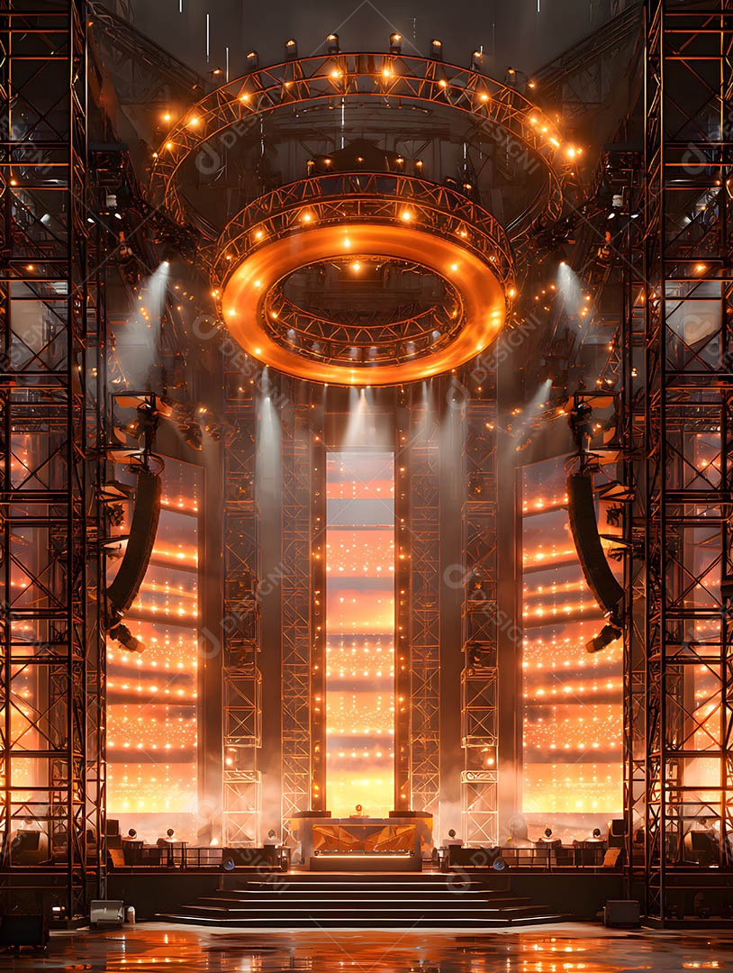 Um palco em uma renderização 3D na cor dourada