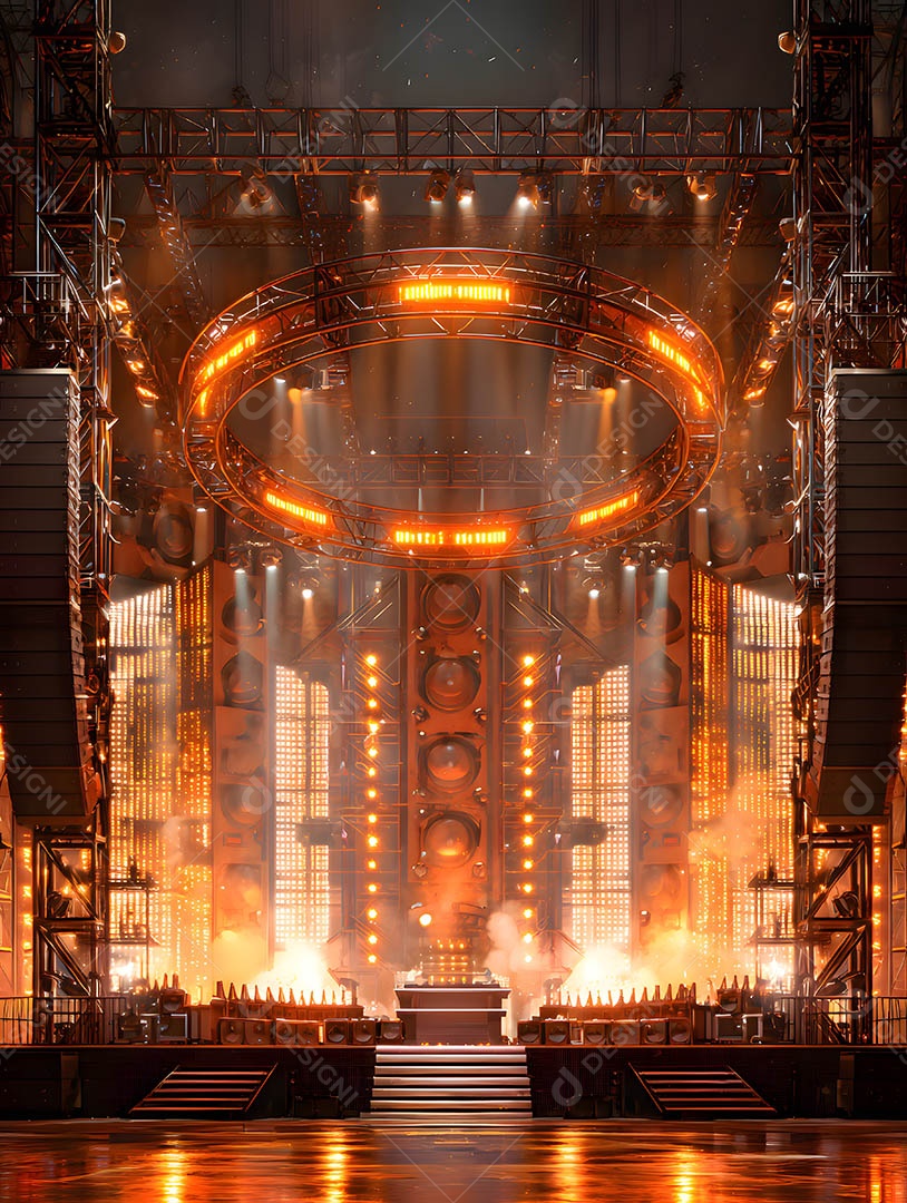 Um palco em uma renderização 3D na cor dourada