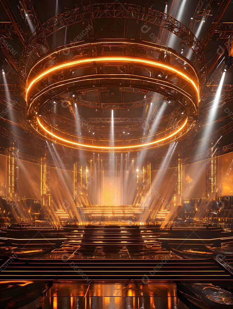 Um palco em uma renderização 3D na cor dourada