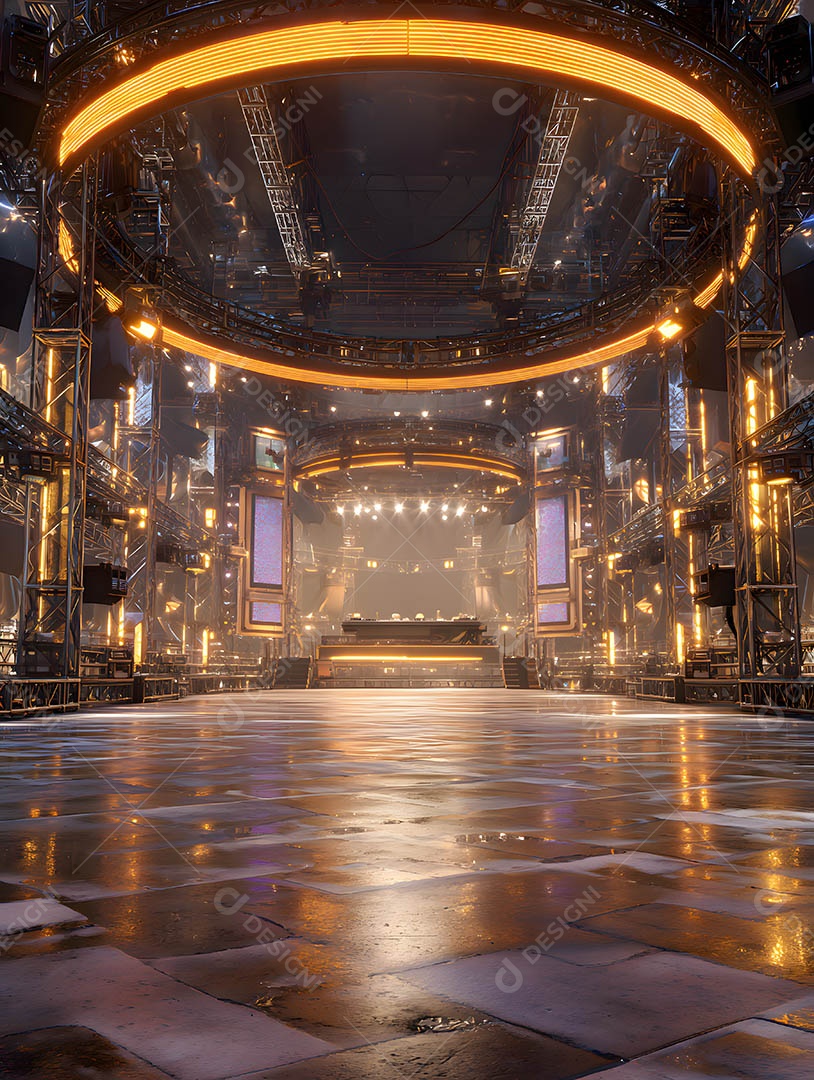 Um palco em uma renderização 3D na cor dourada