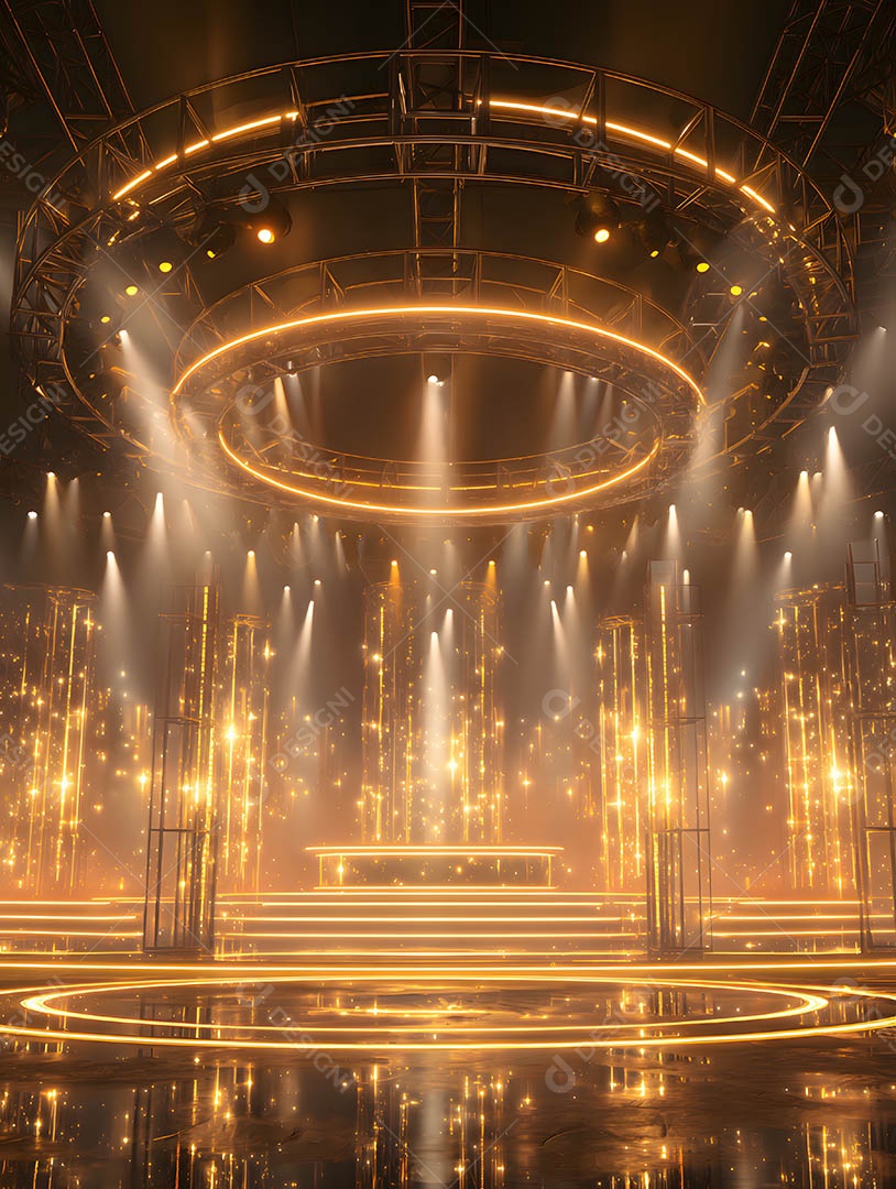 Um palco em uma renderização 3D na cor dourada