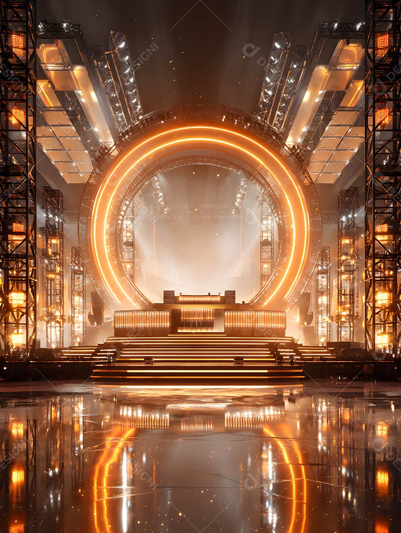 Um palco em uma renderização 3D na cor dourada