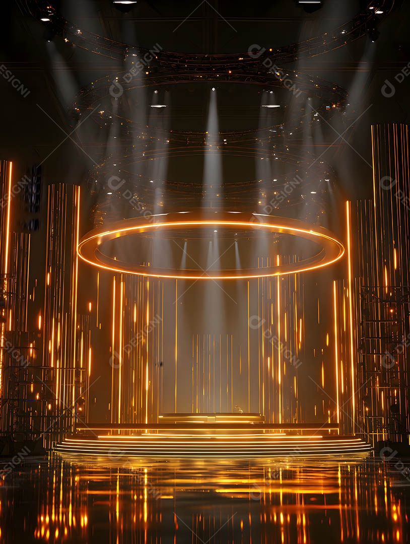 Um palco em uma renderização 3D na cor dourada