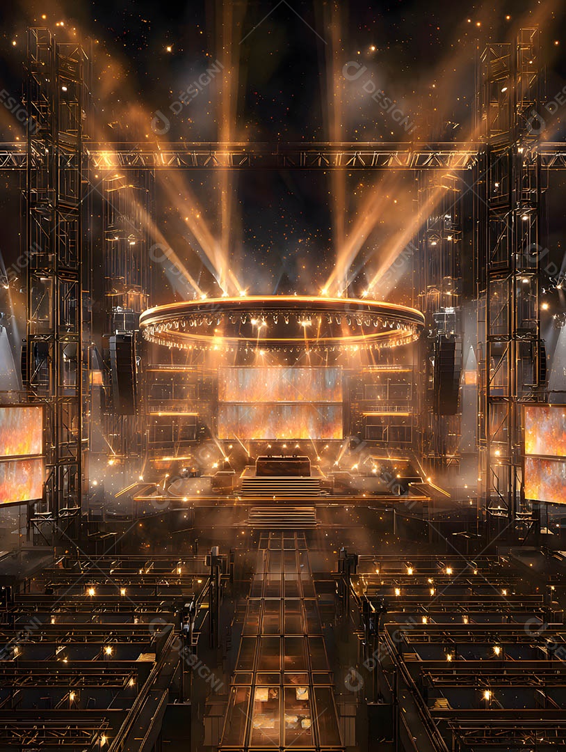 Um palco em uma renderização 3D na cor dourada