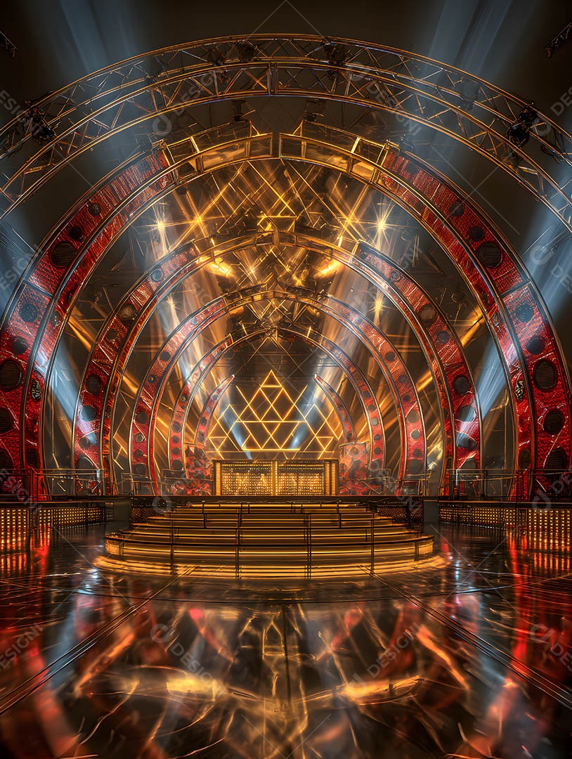 Um palco em uma renderização 3D na cor dourada