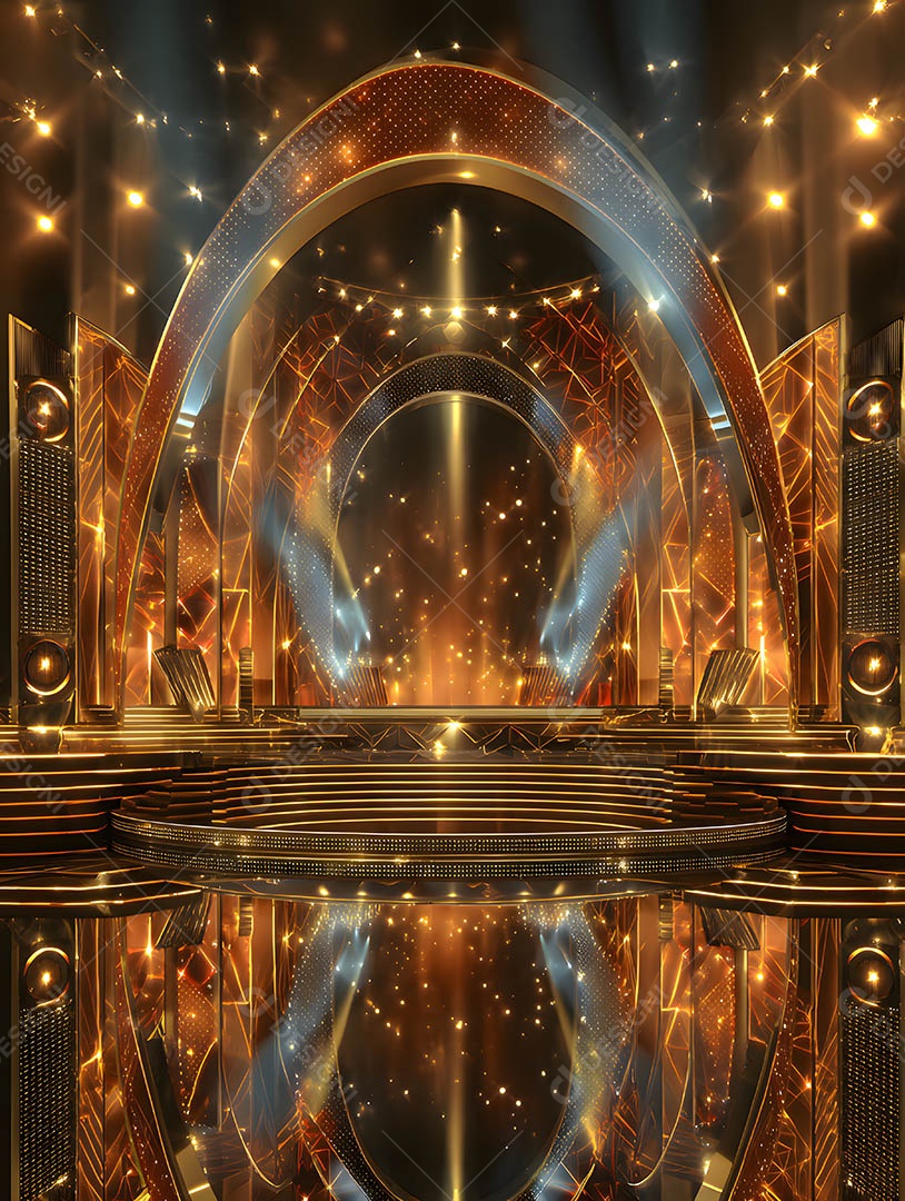 Um palco em uma renderização 3D na cor dourada