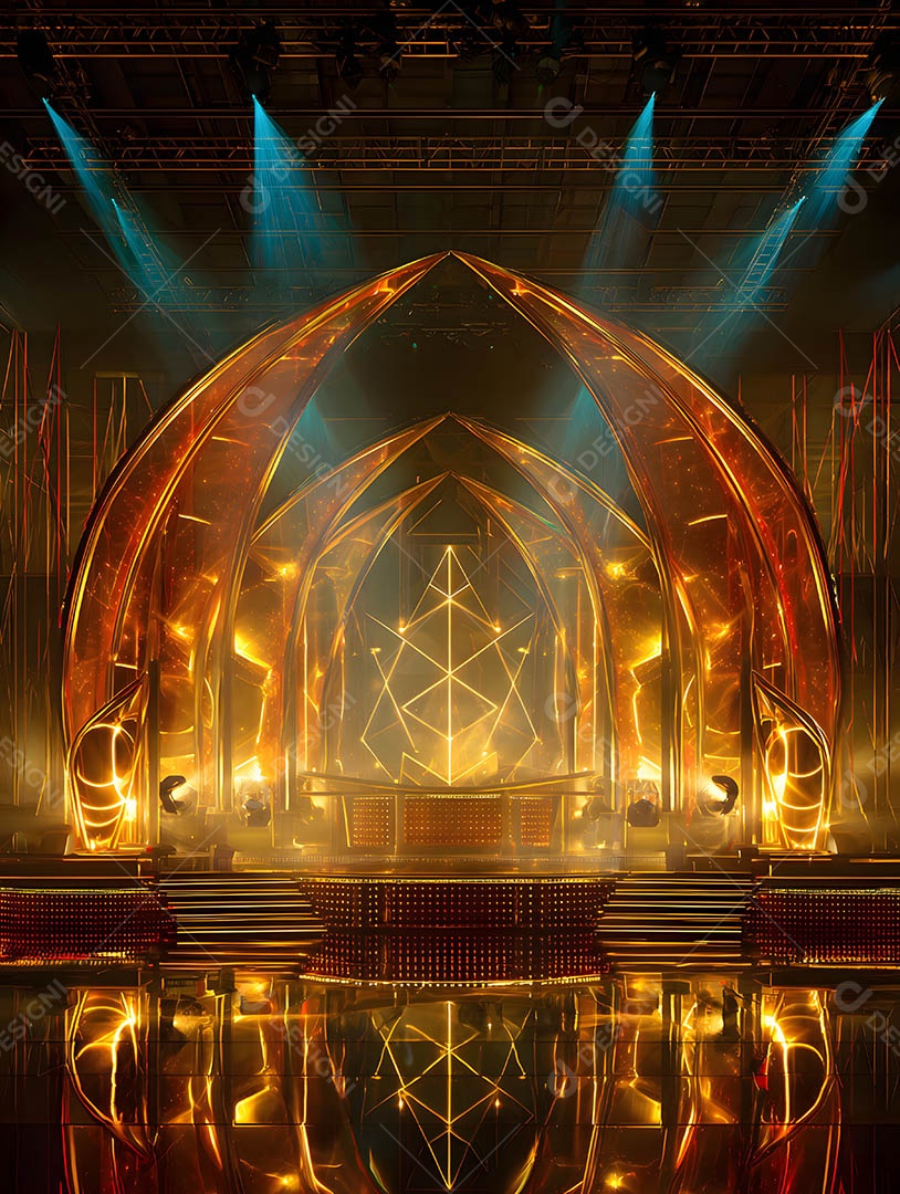 Um palco em uma renderização 3D na cor dourada