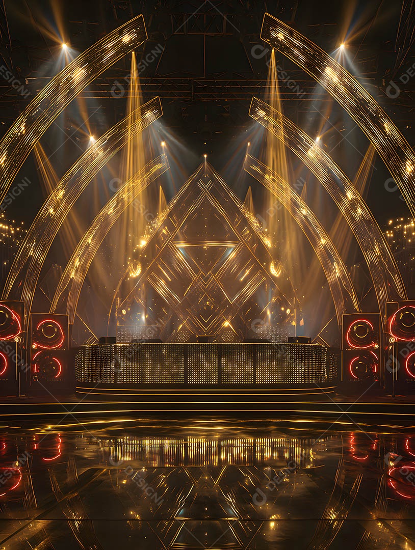 Um palco em uma renderização 3D na cor dourada