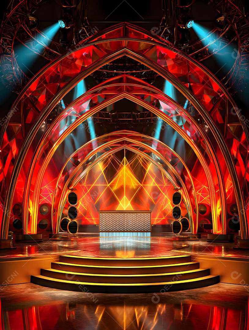 Um palco em uma renderização 3D na cor dourada