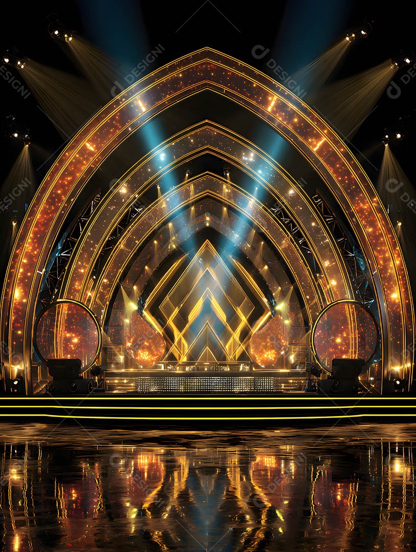 Um palco em uma renderização 3D na cor dourada
