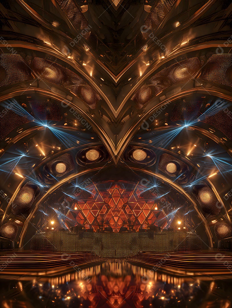 Um palco em uma renderização 3D na cor dourada