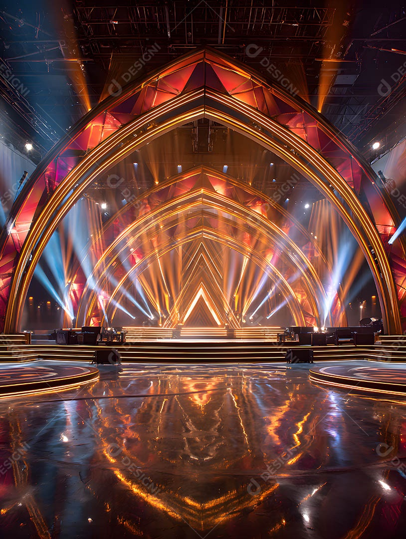 Um palco em uma renderização 3D na cor dourada