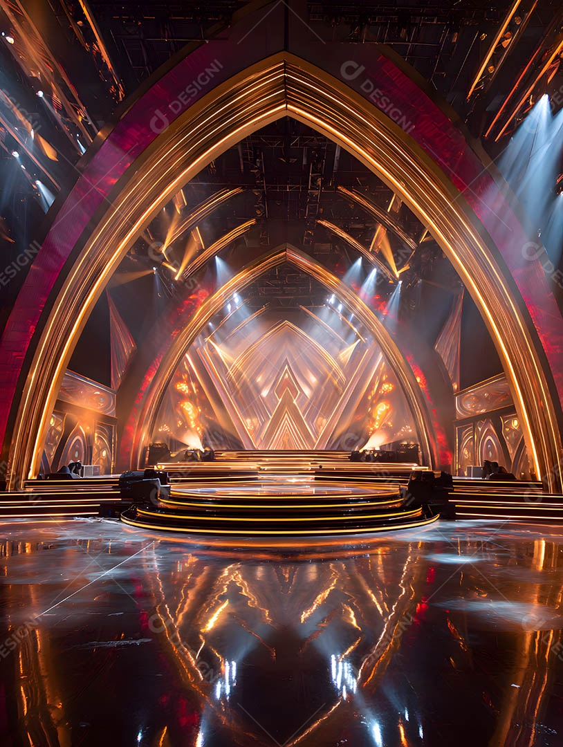 Um palco em uma renderização 3D na cor dourada