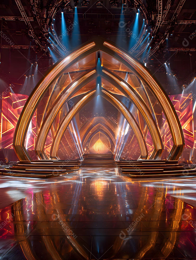 Um palco em uma renderização 3D na cor dourada